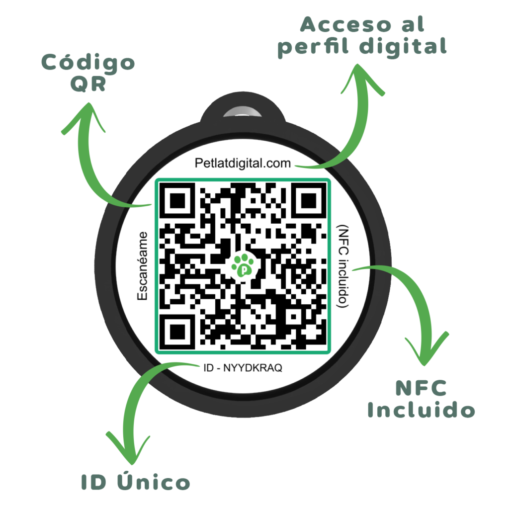 Placa inteligente PetLat con código QR, NFC incluido e ID único para acceder al perfil digital de la mascota